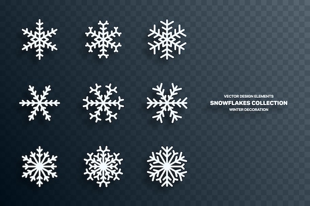 벡터 흰색 둥근된 멋진 눈송이 투명 한 배경에 설정합니다. 크리스마스와 새해 이브 장식을 위한 현대적인 눈송이 컬렉션입니다. 크리스마스 장식 디자인 요소입니다. 겨울 시간 아이콘 기호 기호