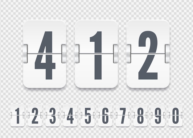 Вектор белые номера табло с тенями для таймера обратного отсчета флип или календаря на прозрачном фоне. шаблон для вашего дизайна.