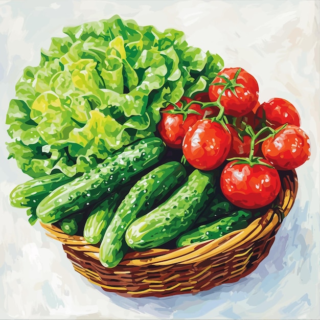 Vector vector wicker basket of fresh vegetables