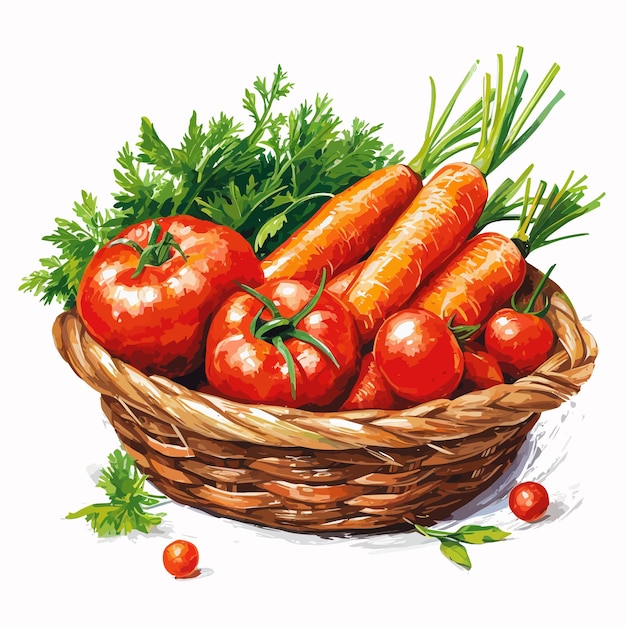 Vector vector wicker basket of fresh vegetables