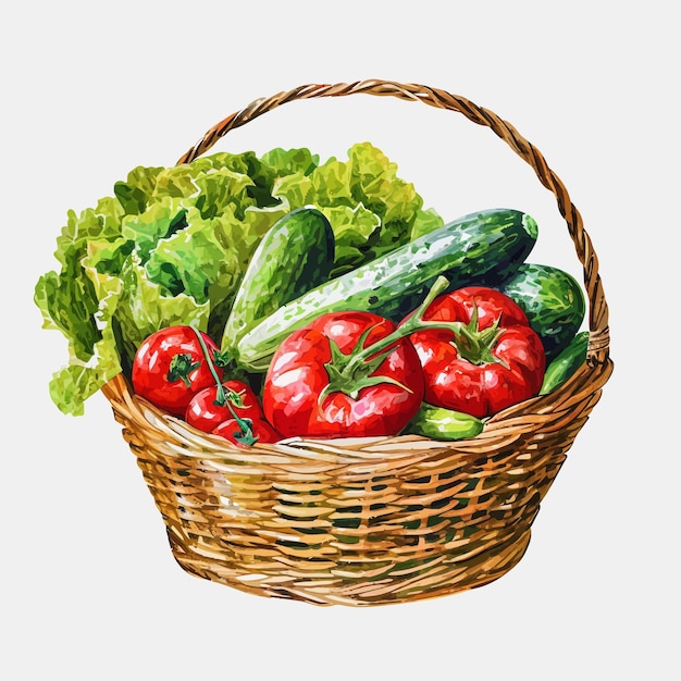 Vector wicker basket of fresh vegetables