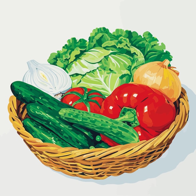 Vector wicker basket of fresh vegetables