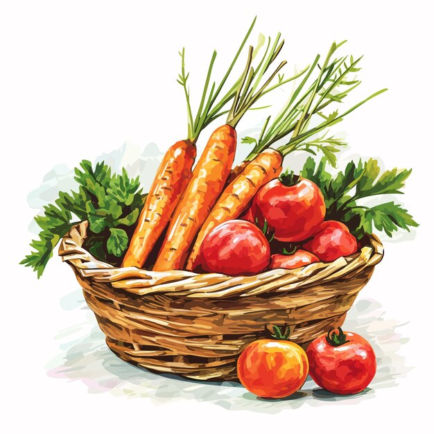 Vector vector wicker basket of fresh vegetables