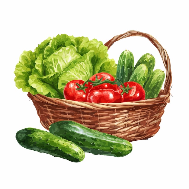 Vector vector wicker basket of fresh vegetables