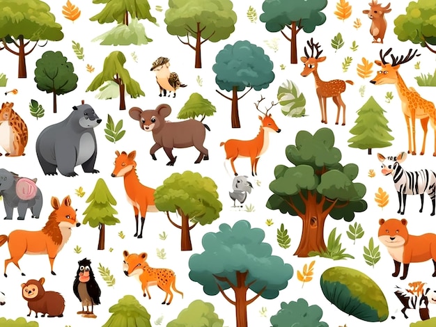 Vector vector wild geïsoleerde tekenfilmreeks bomen en dieren ai_generated