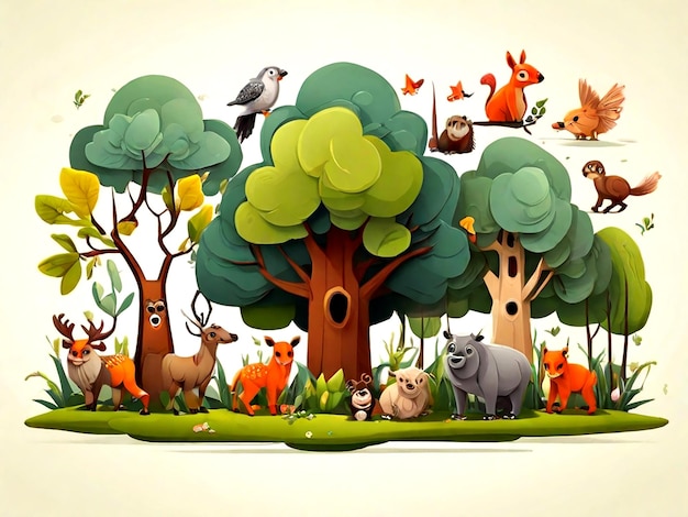 Vettore insieme di cartoni animati isolati selvatici vettoriali di alberi e animali ai_generated