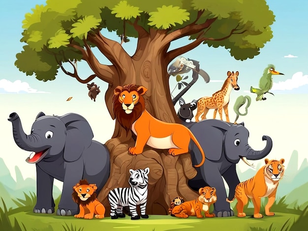 Vector vector wilde dieren en een boom in vector cartoon stijl geïsoleerd