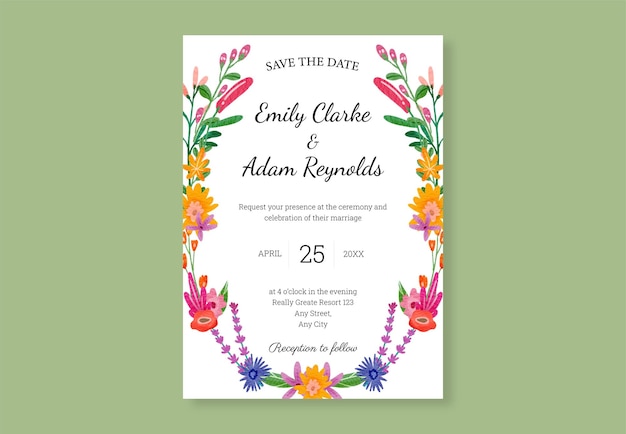 Vector wildflower watercolor floral wedding invitation template