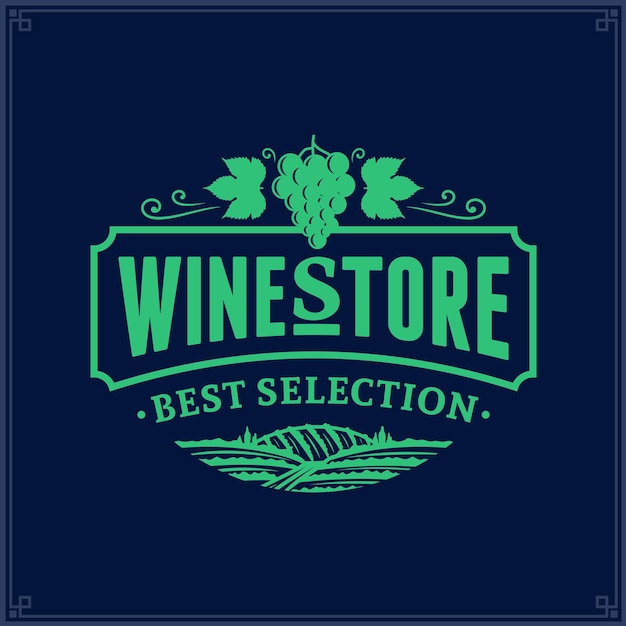 와인 가게 레스토랑 메뉴 와이너리 브랜딩 및 Id를 위한 진한 파란색 배경의 벡터 와인 로고