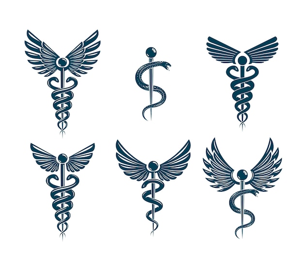 Vector vector winged caduceus illustrations collection. pharmacology and healthcare idea emblems.