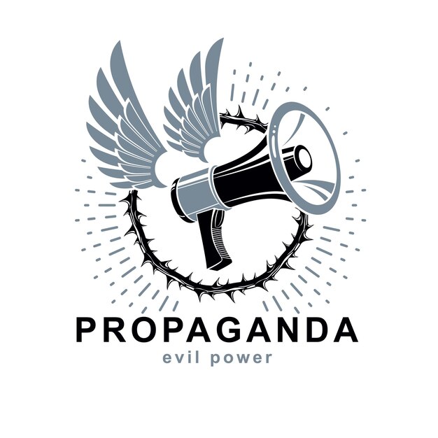 Vector winged logo composed with loudspeaker equipment surrounded by thorn of crowns. Public relations concept, propaganda as a powerful weapon of influence on social behavior.