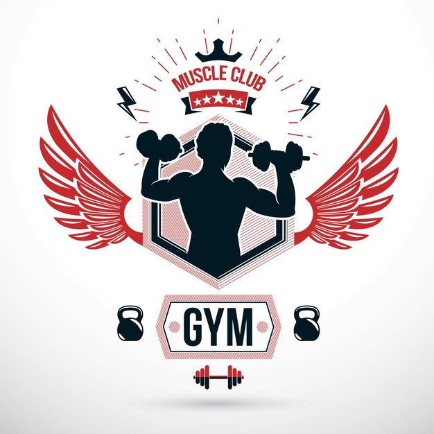 Vector vector winged symbol composed using muscular athlete holding dumbbells and kettle bell sport equipment. bodybuilding championship symbol