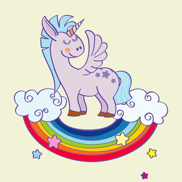 Vector winged unicorn standing on a rainbow 