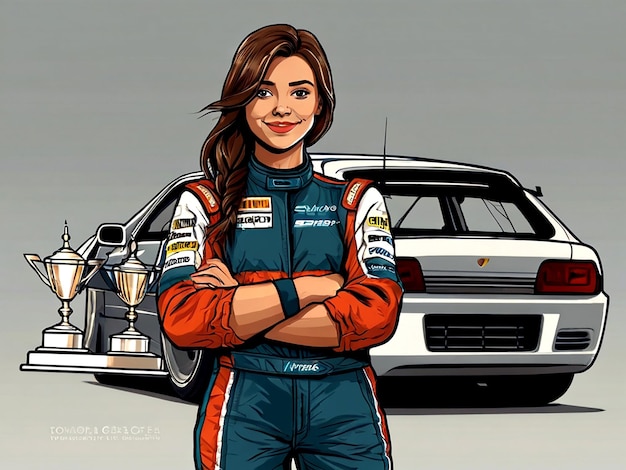 Vector vector winner girl holding trophy standing in front of race car isolated