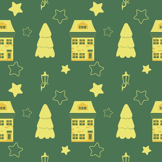 Vector winter afbeelding. naadloze patroon. gele kerstelementen op een groene achtergrond. sterren, huis, kerstboom