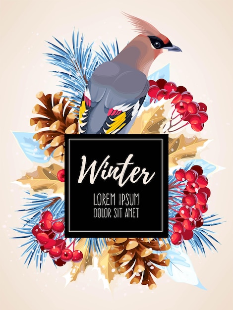 Vector winter card with pines and bird