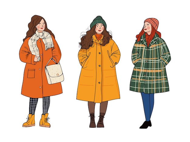 vector winter cartoon flat illustration with three women wearing stylish winter coats modern