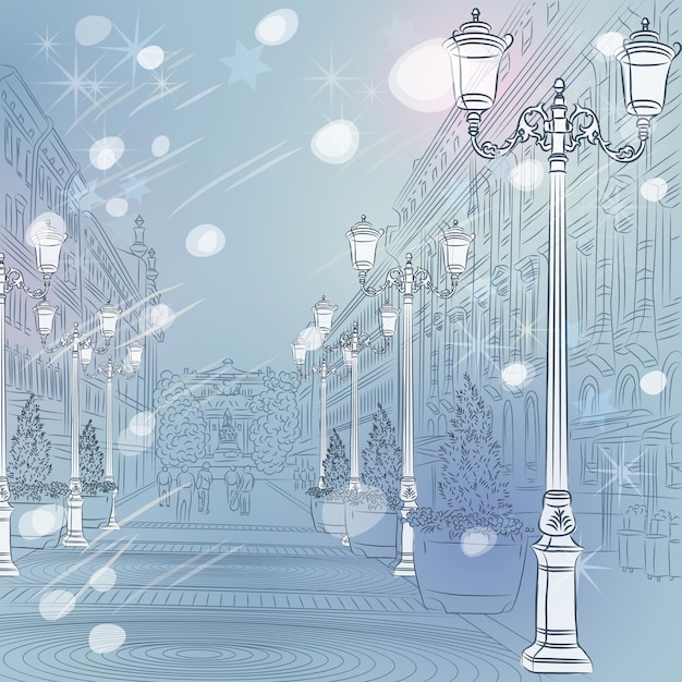 Vector winter Christmas Cityscape, avenue with vintage buildings