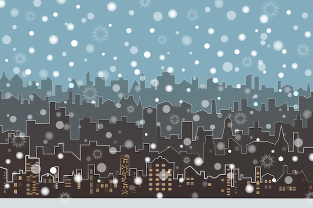 Vector of winter cityscape with snowflakes lights