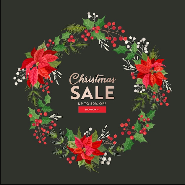 Vector Winter Holiday Season Offer, Christmas Sale card, Xmas special promotion, Poinsettia Flower, Holly Berry, Mistletoe, Floral discount concept, poster design illustration, advertising, flyer