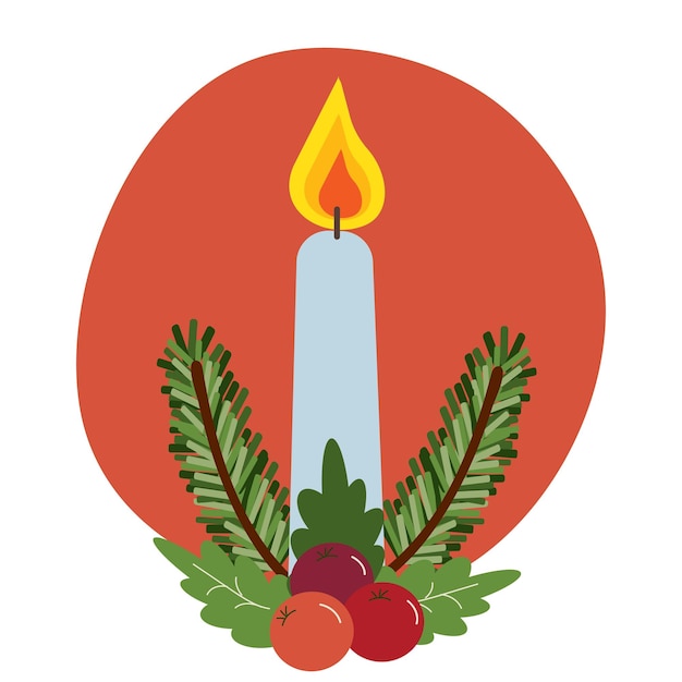 Vector vector winter holidays illustration blue candle with christmas green branch on orange circle
