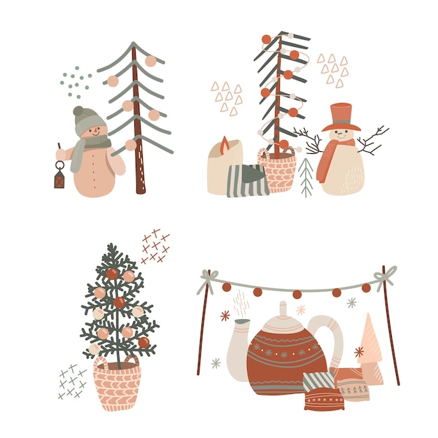 Vector vector winter illustrations in flat style funny set of christmas mood scenes hand drawn vector