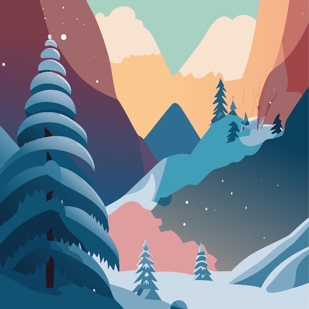 Vector Winter Landscape with Snowy Mountains and Spruce Trees