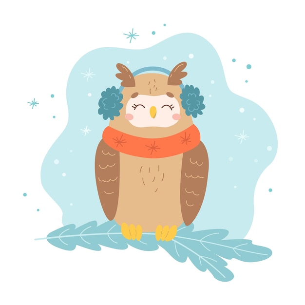 Vector winter owl is sitting dressed in scarf and earmuffs on the branch of tree. cute cartoon bird