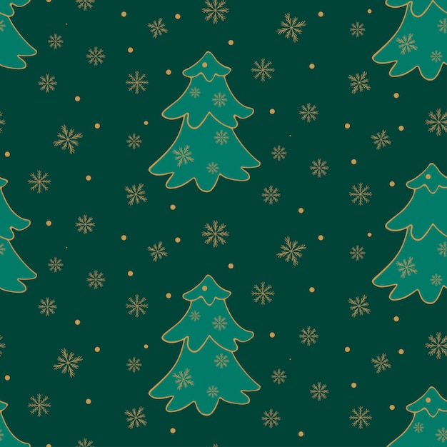 Vector winter seamless pattern of Christmas trees and snowflakes on a dark background