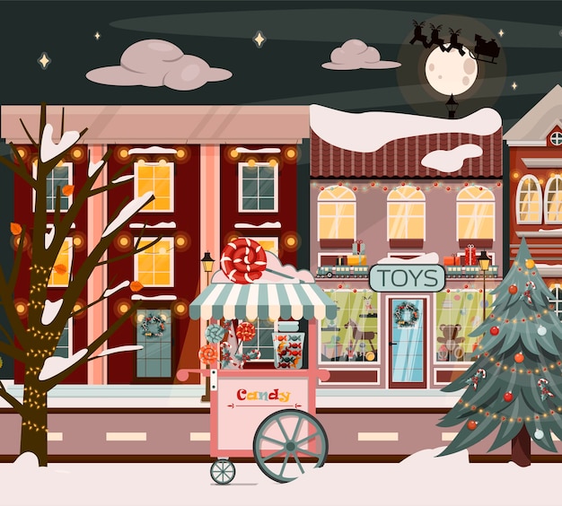 Vector vector winter street for christmas cartoon illustration with a christmas tree houses a snowman and f...