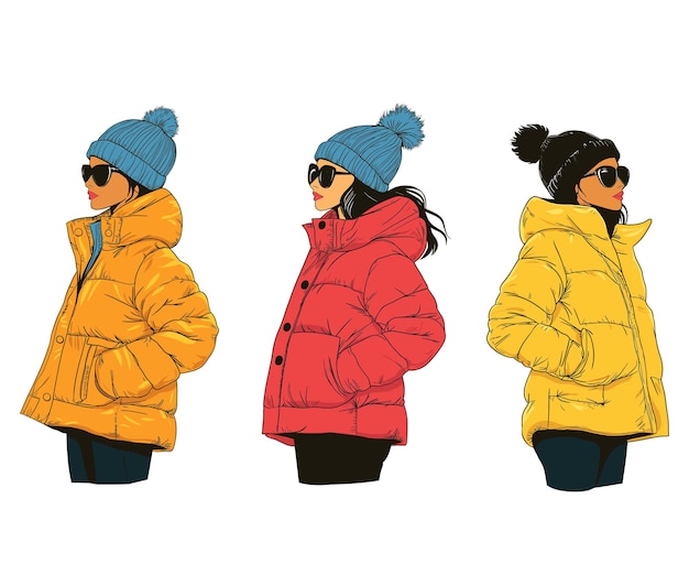 vector winter stylish flat illustration with three women wearing winter outfit modern fashion