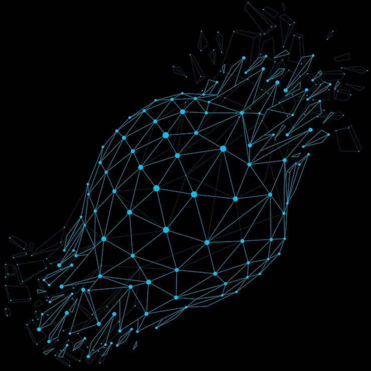 Vector vector wireframe luminescent shine object with blue connected dotted lines, demolished shape with refractions and wreckage. dimensional mesh global technology element broken into particles.