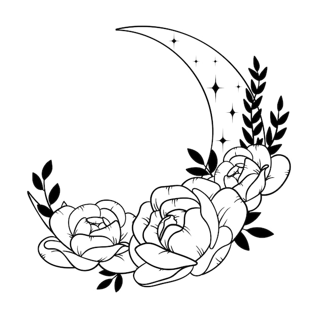 Vector witchcraft elements Esoteric crescent moon peony rose leaves stars line art