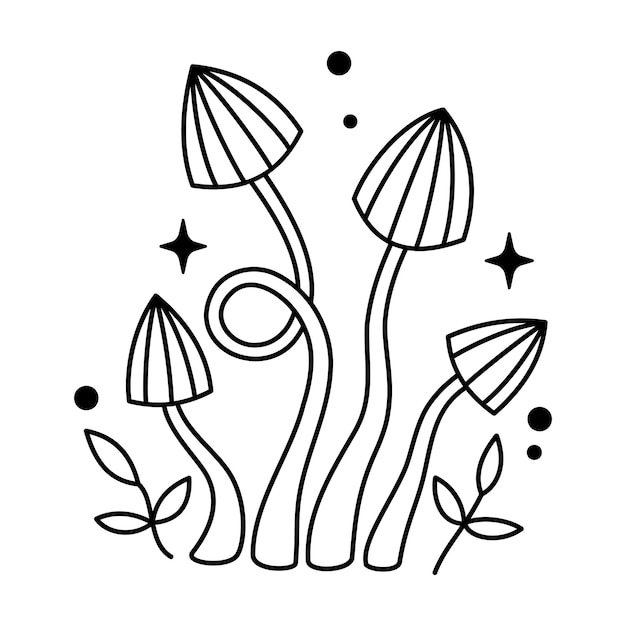 Vector witchy mystical mushrooms with stars and dots in black color Outline magic striped mushroom and leaves Fairytale esoteric mushroom bundle