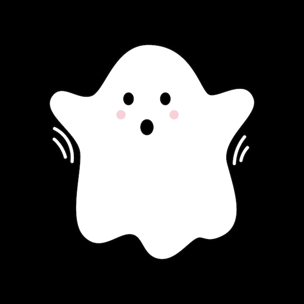 Vector with cute screaming ghost Flying spirit in flat design White phantom on black background Doodle ghost Halloween