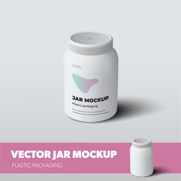 Vector witte fles sjabloon met realistische schaduwen, met ontwerppresentatie in roze, voor apotheekreclame. Mockup van plastic verpakkingen voor pillen met schroefdop geïsoleerd op achtergrond