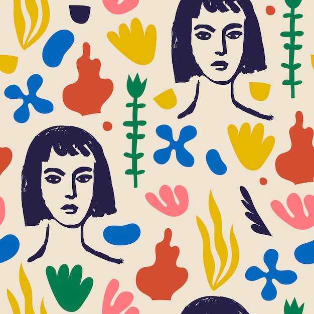 벡터 여성 예술 원활한 패턴 배경 Matisse는 손으로 그린 현대 여성 초상화 꽃과 인쇄 벽 예술 장식 복고풍 스타일 콜라주를 위한 추상 모양을 영감을 받았습니다.