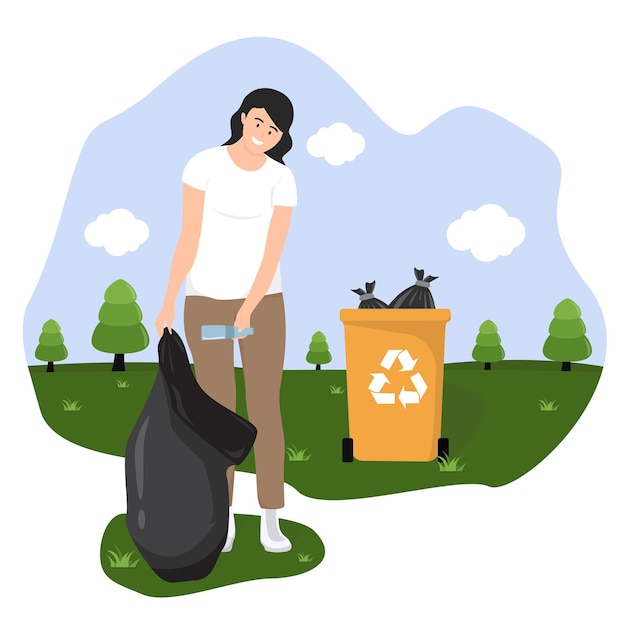 Vector woman carrying trash can for littering in big trash can for recycle concept illustration