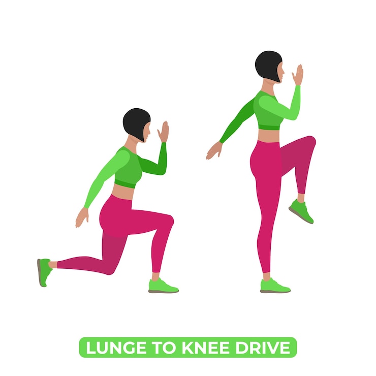 Vector vector woman doing lunge to knee drive bodyweight fitness legs cardio exercise
