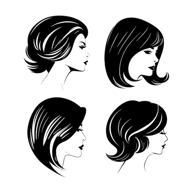 Vector woman hair style silhouette black and white template illustration set