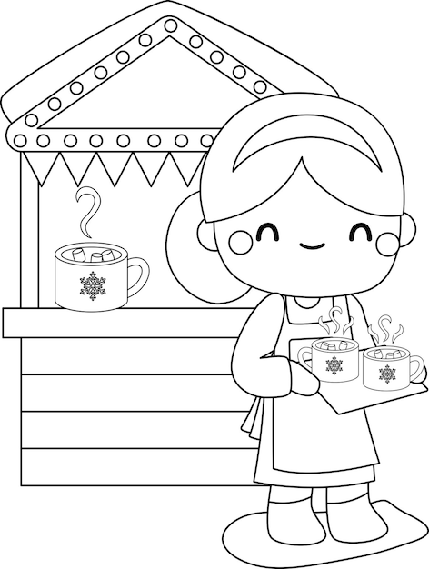 a vector of a woman holding hot chocolate in black and white coloring