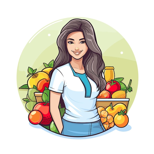 Vector vector of a woman holding a tray of fruit and juice perfect for a refreshing and healthy snack