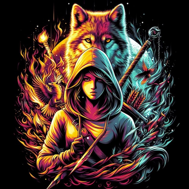 Vector a woman hoodie holding wearing a wolf and a sword in front background