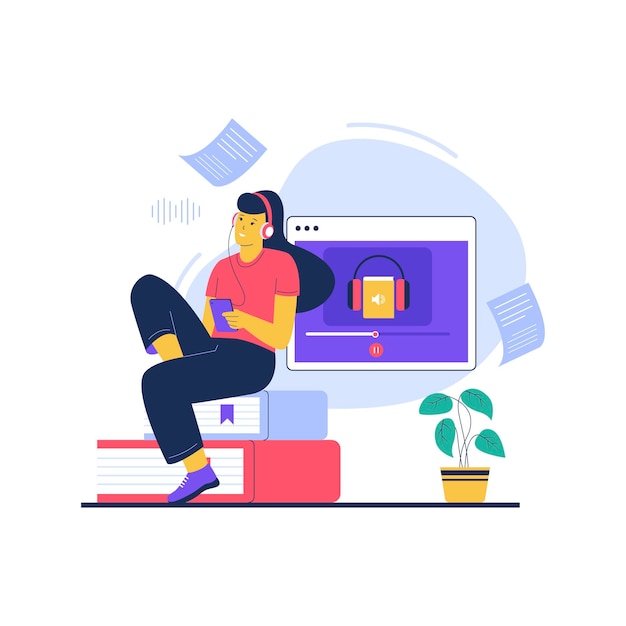 Vector of woman listening to online learning