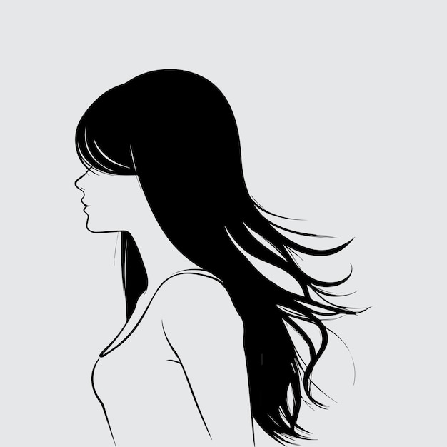 ベクター女性の長い髪のシルエットの女の子側ビュー テンプレート イラスト