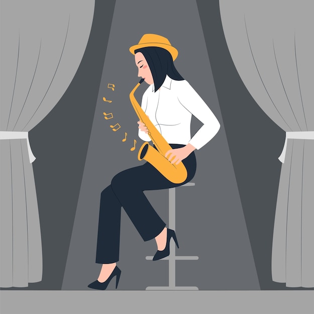 Vector woman playing saxophone on stage illustration