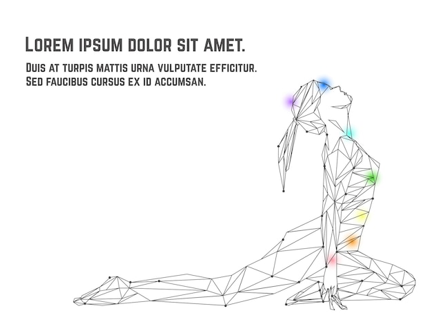 Вектор женщины, практикующей йогу асану, сделанную из многоугольника и техники точек