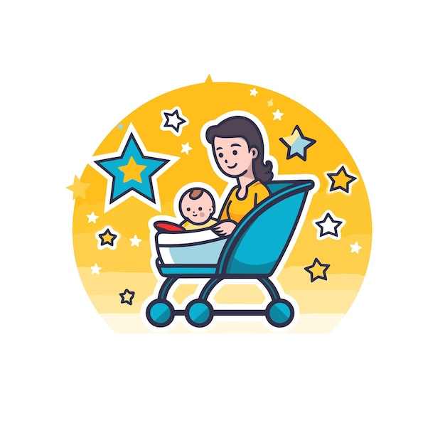 Vector vector of a woman pushing a stroller with a baby inside