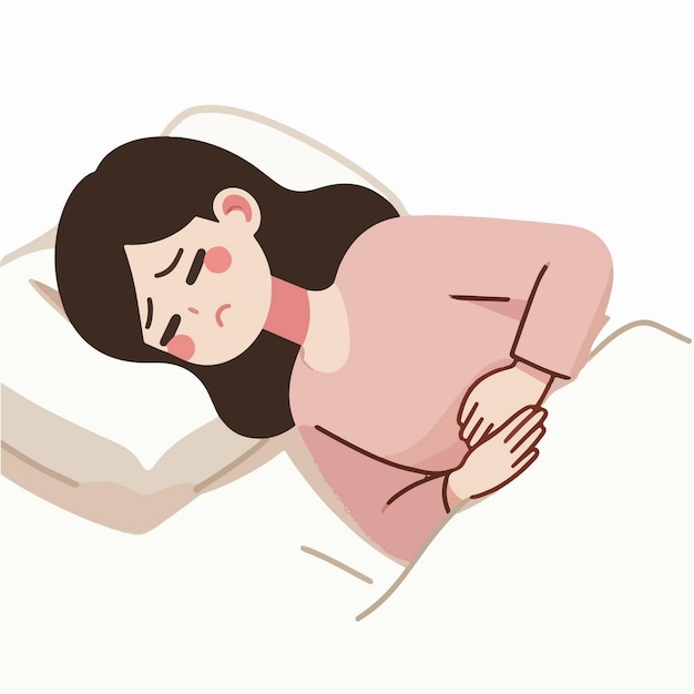 vector of woman sleeping in pain holding stomach