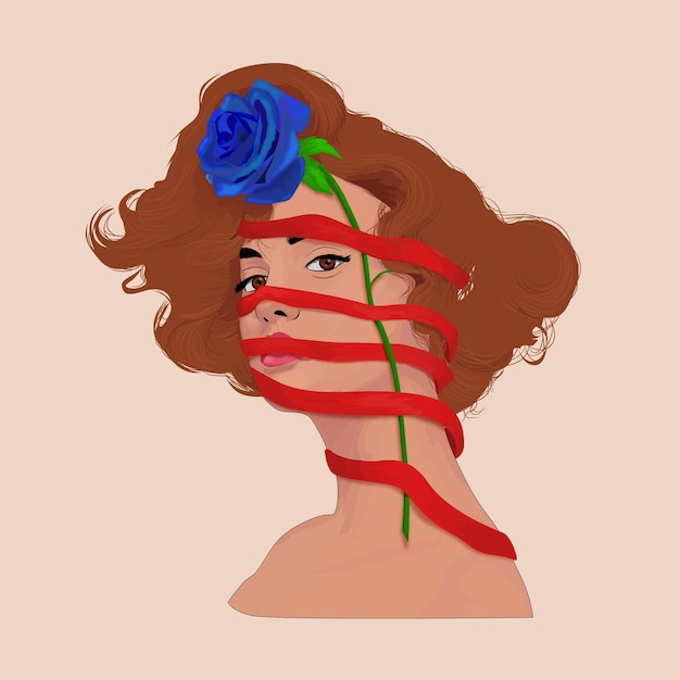 Vector vector of woman with curly hair and red bow holding a blue flower above her head